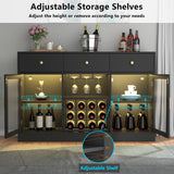 Auromie Wine Bar Cabinet with LED Light, Home Coffee Cabinet with Wine and Glass Rack, Kitchen Buffet Sideboard with Storage Drawers & Adjustable Shelves, Modern Liquor Cabinet with Glass Door (Black) Auromie