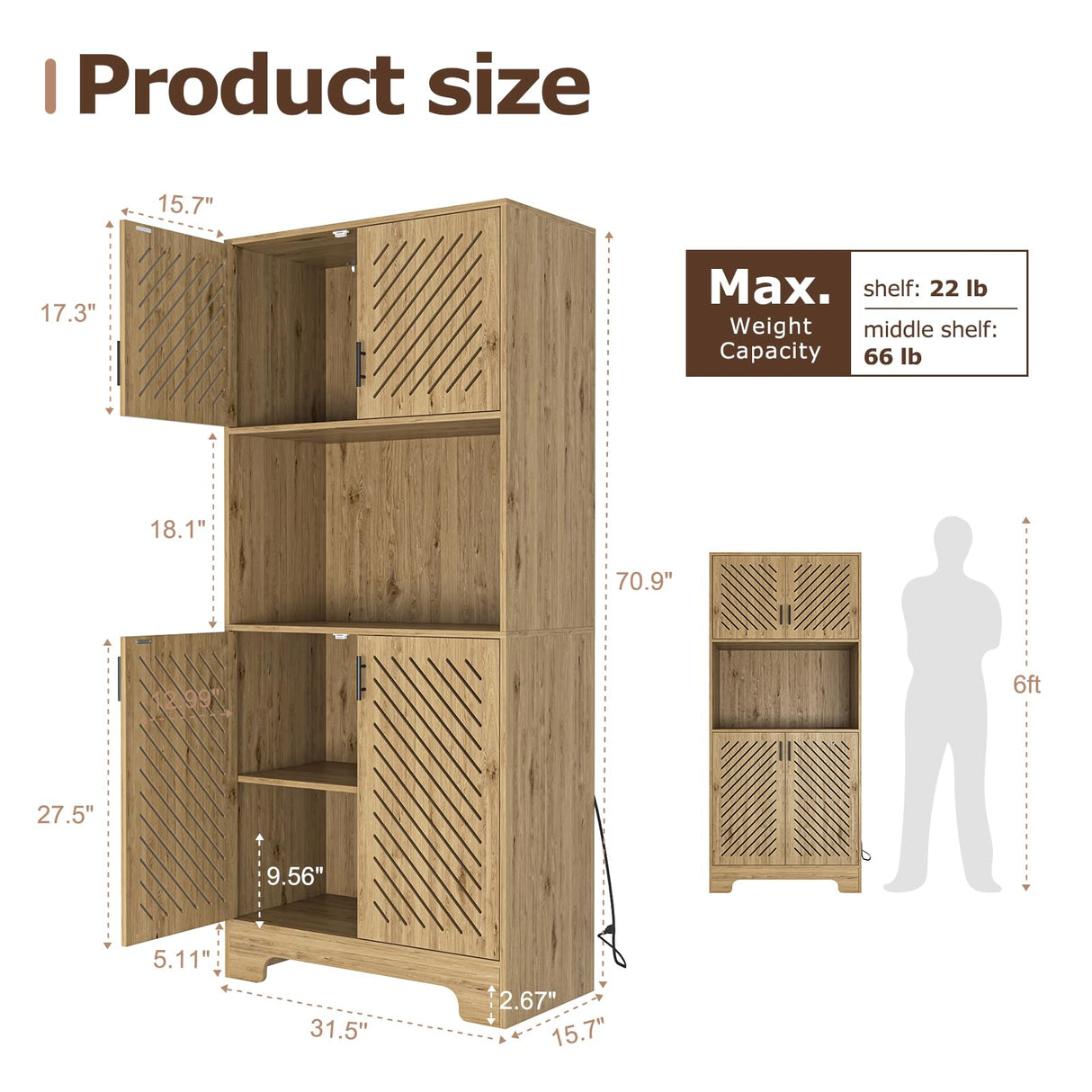 Hosnnile 71'' Kitchen Pantry Storage Cabinet, Farmhouse Rustic Freestanding Buffet Hutch Cupboard with 4 Doors + Open Top, Coffee Bar with 2 AC Outlets + 2 USB Charging Ports for Home, Kitchen Hosnnile