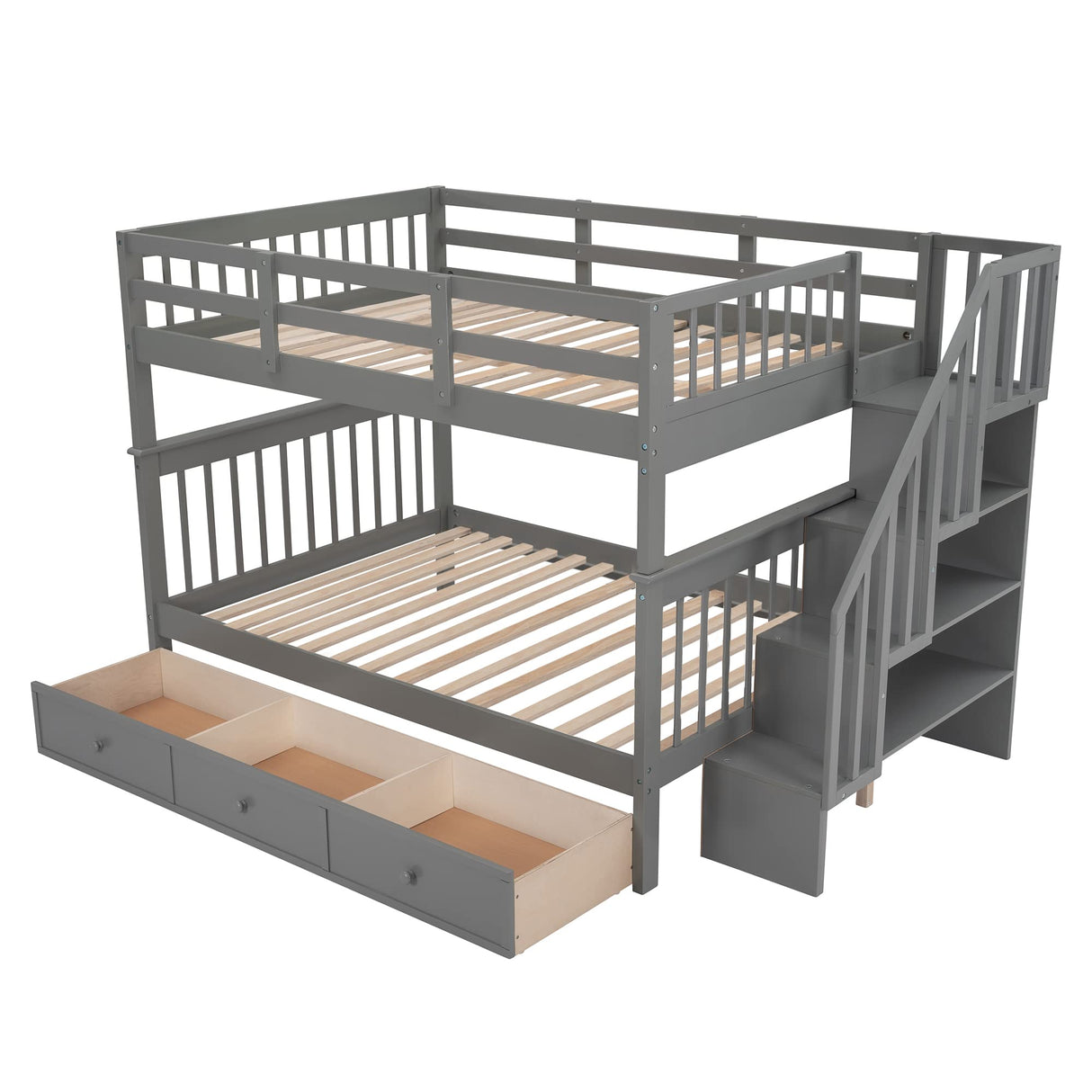 Harper & Bright Designs Full Over Full Bunk Bed with Storage, Solid Wood Full Bunk Bed Frame with Stairs and Drawers, for Kids Teens Adults (Gray) Harper & Bright Designs