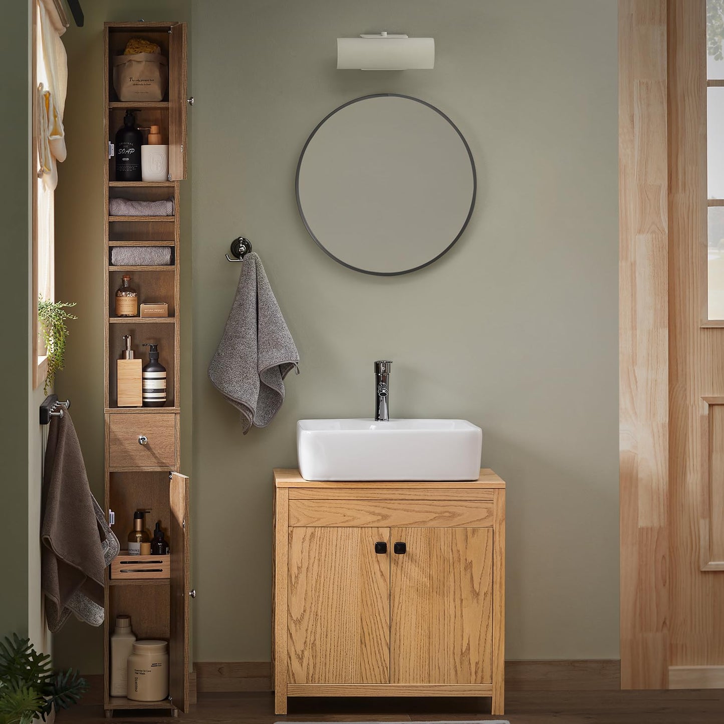 SoBuy Natural Bathroom Tall Cabinet with Drawer, Doors, and Adjustable Shelves - WoodArtSupply