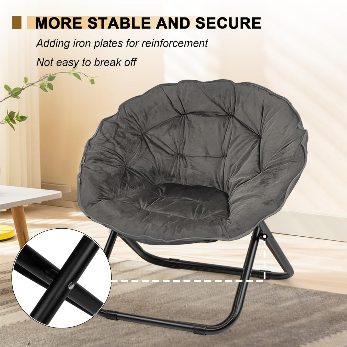 Folding Saucer Chair, Lazy Moon Chair with Metal Frame, Comfy Bedroom Chairs for Bedroom, Living Room, Study Grey JC Grezone