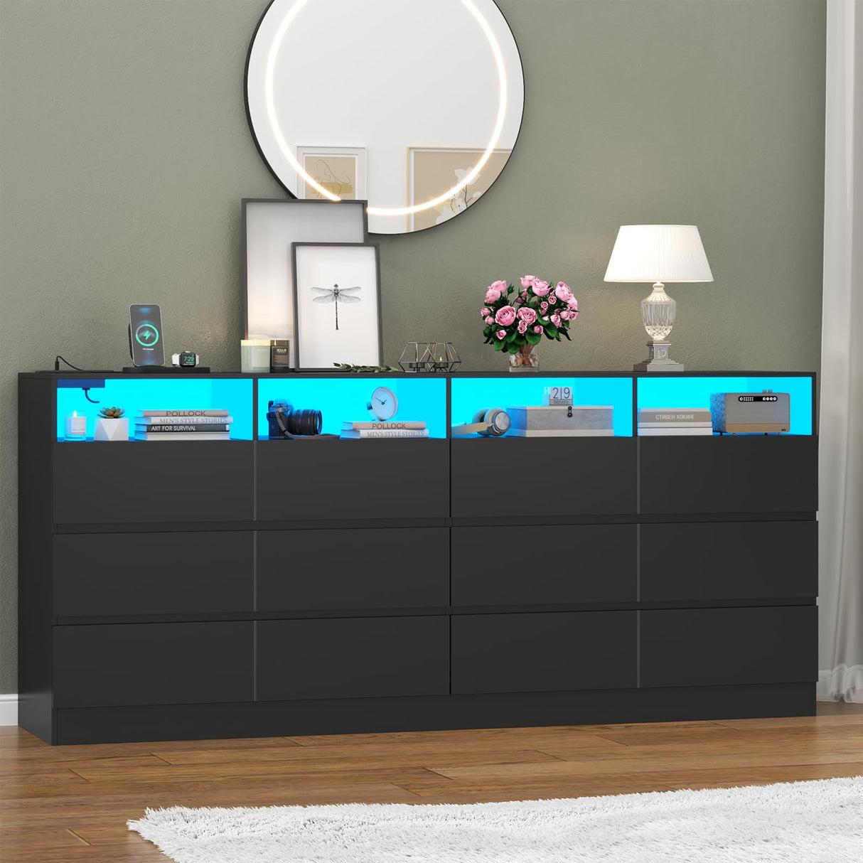 Gyfimoie 63" Wide 6-Drawer Black Dresser with Divided Compartments, Charging Station & LED Lights, TV Stand for TVs up to 75", Large Organizer with 4 Open Cubbies Gyfimoie