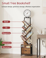 HIGDBFE 6 Tier Tree Bookshelf with Clock and Fabric Drawer, Small Narrow Bookcase, Tall Floor Standing Book Shelf for Bedroom, Living Room, Home Office, Rustic Brown HIGDBFE