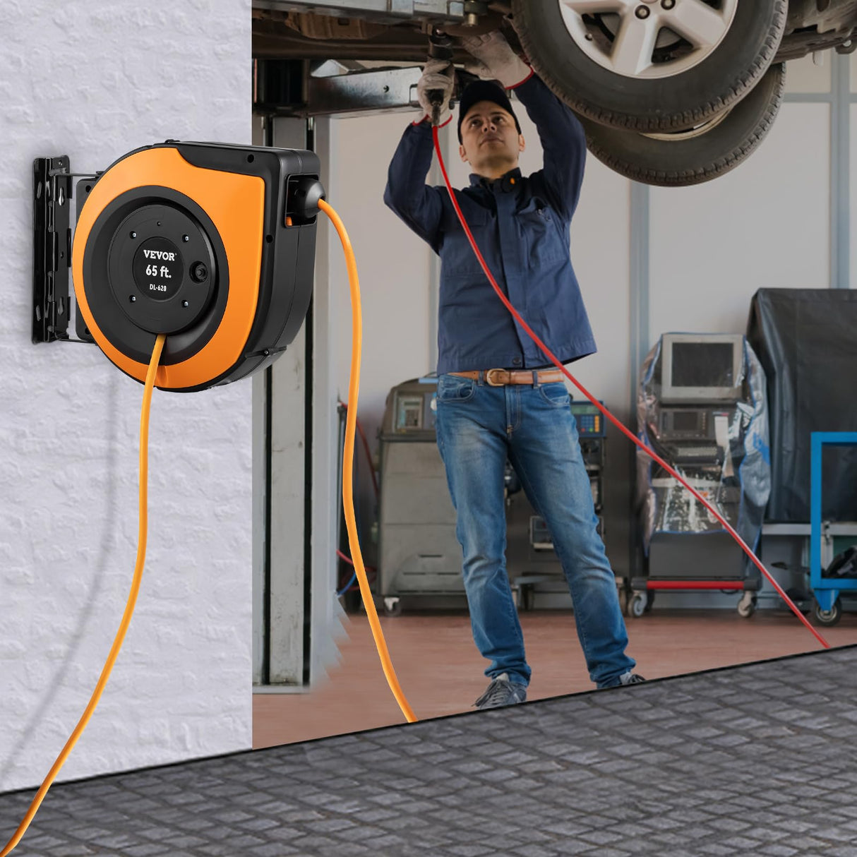 VEVOR Retractable Extension Cord Reel, 65 FT Heavy Duty 12AWG/3C SJTOW Power Cord, with Lighted Triple Tap Outlet, 15 Amp Circuit Breaker, 180° Swivel Bracket for Ceiling or Wall Mount VEVOR