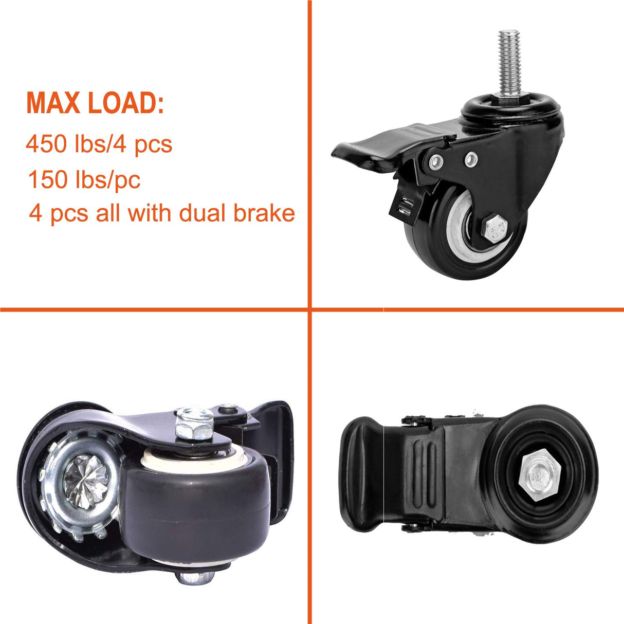 2" Stem Caster Wheels with Safety Dual Locking 600Lbs Heavy Duty Threaded Stem Casters No Noise Swivel Castors with Brakes 3/8"- 16 x 1 (Set of 4) YOOGAA