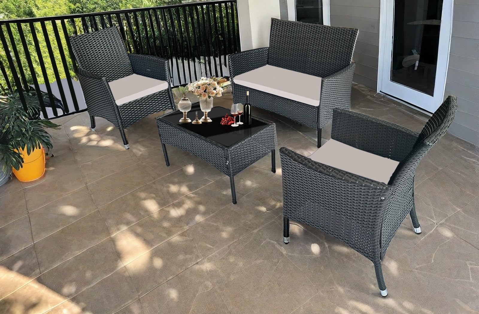 PatLoom 4-Piece Outdoor Furniture Set,Dark Brown Rattan Wicker Patio Sofa,Elegant Patio Conversation Set with Glass Top Coffee Table for Garden, Backyard, Poolside, Balcony (Beige Cushions) - WoodArtSupply