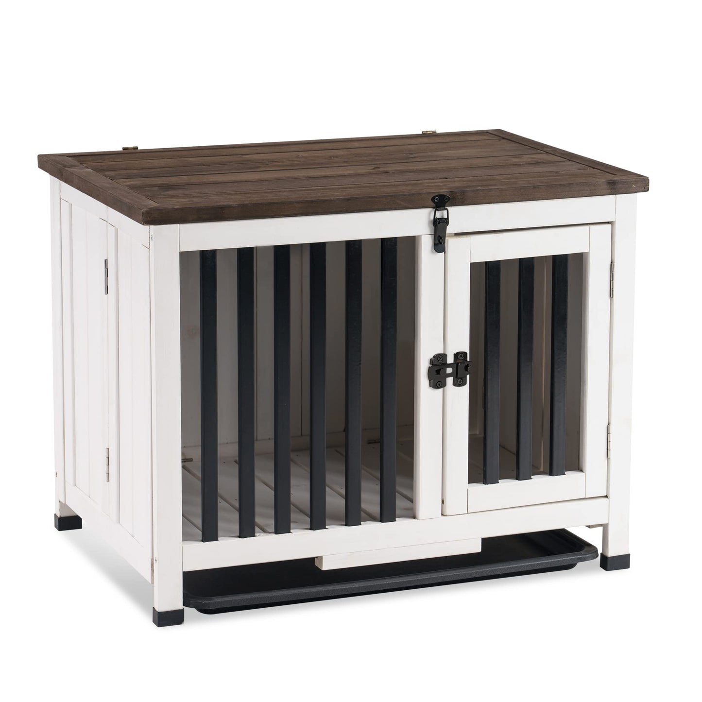 MCombo Wooden Dog Crate Furniture, Dog Kennel Pet House End Table, Solid Wood Portable Foldable Indoor Cage for Dogs, No Assembly Needed (Small, White and Brown) - WoodArtSupply