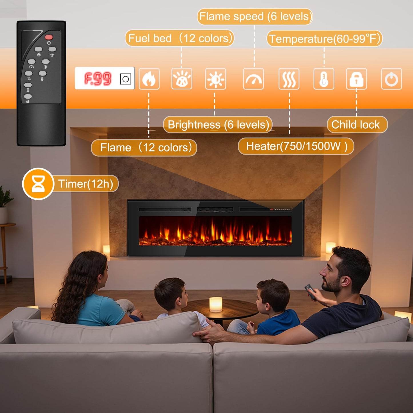 60 Inches Electric Fireplace Inserts, Ultra-Thin Fire Place Heater, Floating Wall Faux Fireplace Electric with Higher Temperatures & Lower Noise, Aesthetic Design & Realistic Flames, 750/1500W