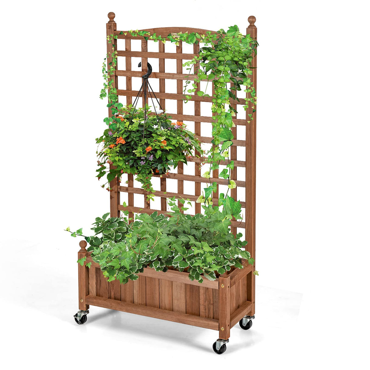 Giantex Mobile Plant Raised Bed, Wood Planter with Lattice Trellis and Wheels, Flower Box for Plant Climbing, Vertical Garden for Balcony Patio Yard, 25"x11"x 50" Giantex