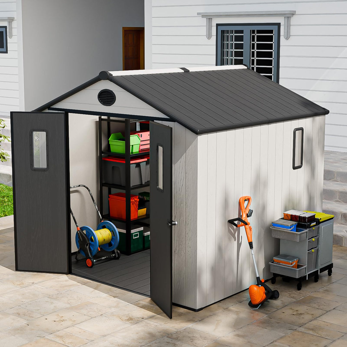 INTER HUT 8x6 Resin Outdoor Storage Shed with Floor, Plastic Tool Shed for Gardening, Patio, and Deck, White/Gray INTER HUT