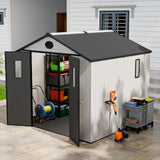 INTER HUT 8x6 Resin Outdoor Storage Shed with Floor, Plastic Tool Shed for Gardening, Patio, and Deck, White/Gray INTER HUT