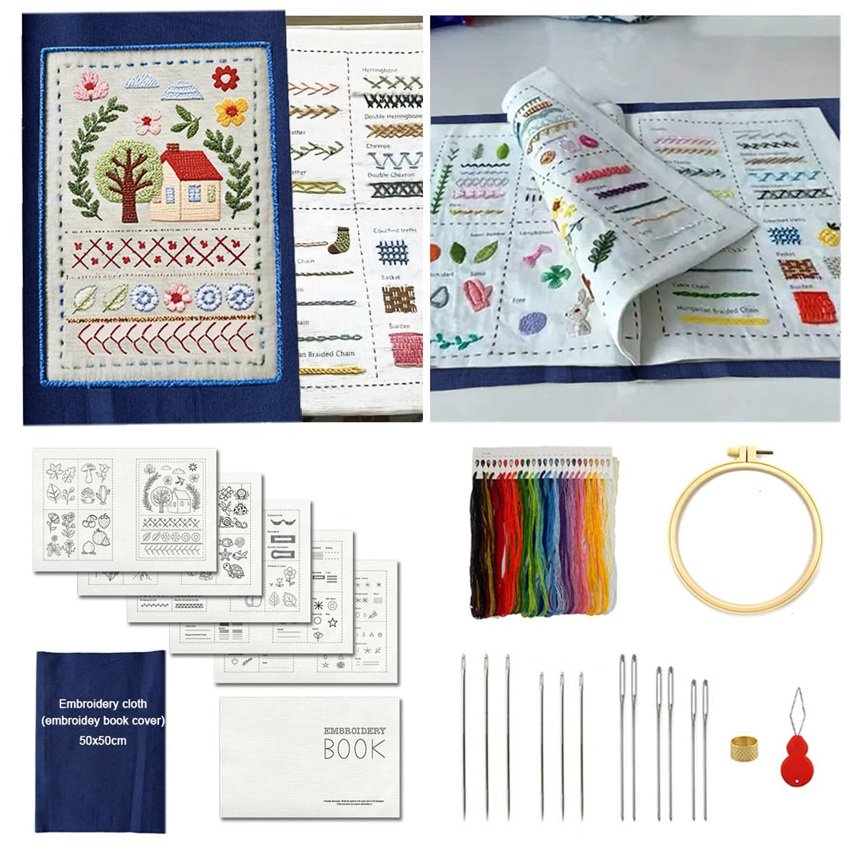 Zhenqing StitchCraft Complete Embroidery Book Kit – 200+ Patterns, 24 Threads, Hoop, Fabric & Tools – Beginner to Advanced DIY Stitching Set with English Guide Zhenqing
