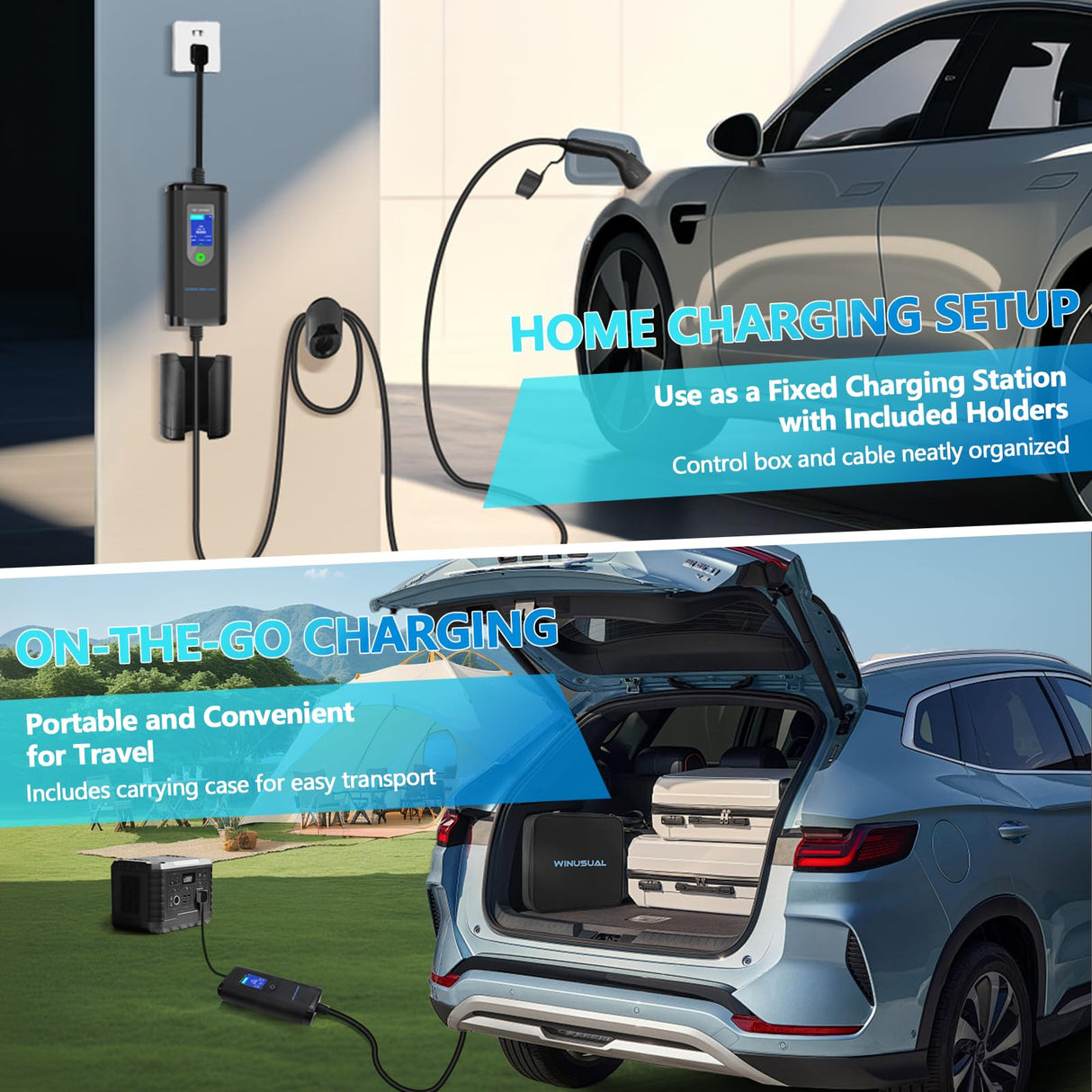 WINUSUAL Portable Level 1 & 2 EV Charger,16A 110-240V with Fix Time Charge, 20FT Cable, NEMA 6-20 Plug and NEMA 5-15 Adapter, SAE J1772 EV Electric car Charger, Current Adjustable(NOT for Tesla) WINUSUAL