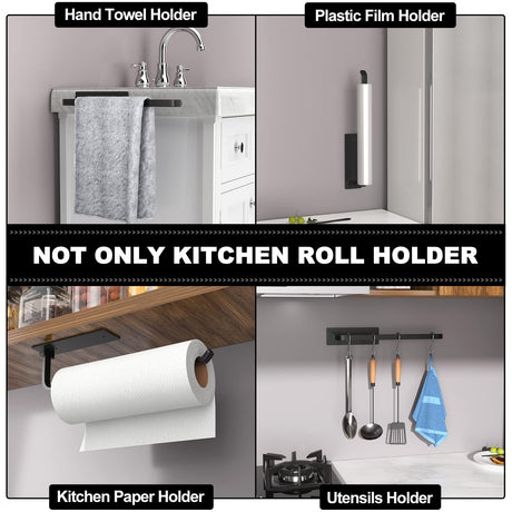 Paper Towel Holder - Self-Adhesive or Drilling, Matte Black, Upgraded Aluminum Kitchen Roll Dispenser Under Cabinet, Lighter but Stronger Than Stainless Steel! niffgaff