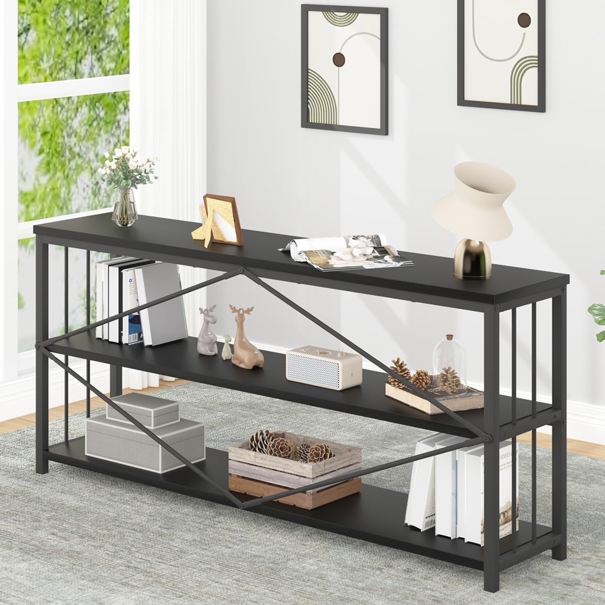 IBF 63" Black Oak Modern 3-Tier Low Horizontal Bookshelf - Stylish and Sturdy Etagere for Home and Office - WoodArtSupply