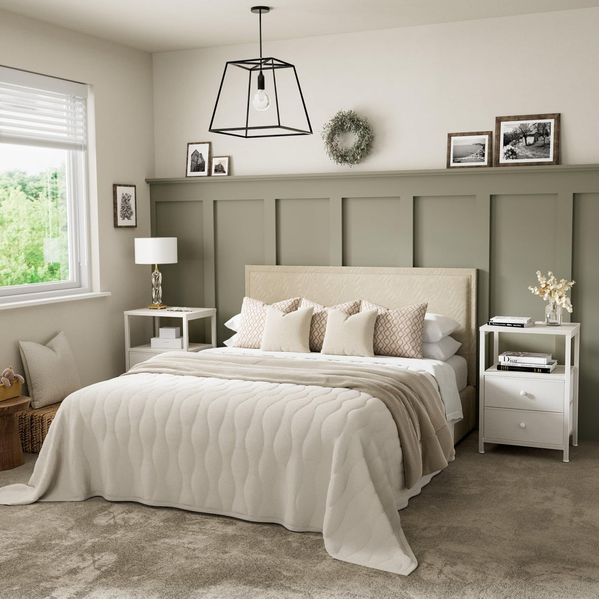 BOLUO White Nightstand with Charging Station, LED Night Stand with 2 Fabric Drawers, Bedside Table with USB Ports and Outlets, Nightstand for Bedroom Modern BOLUO