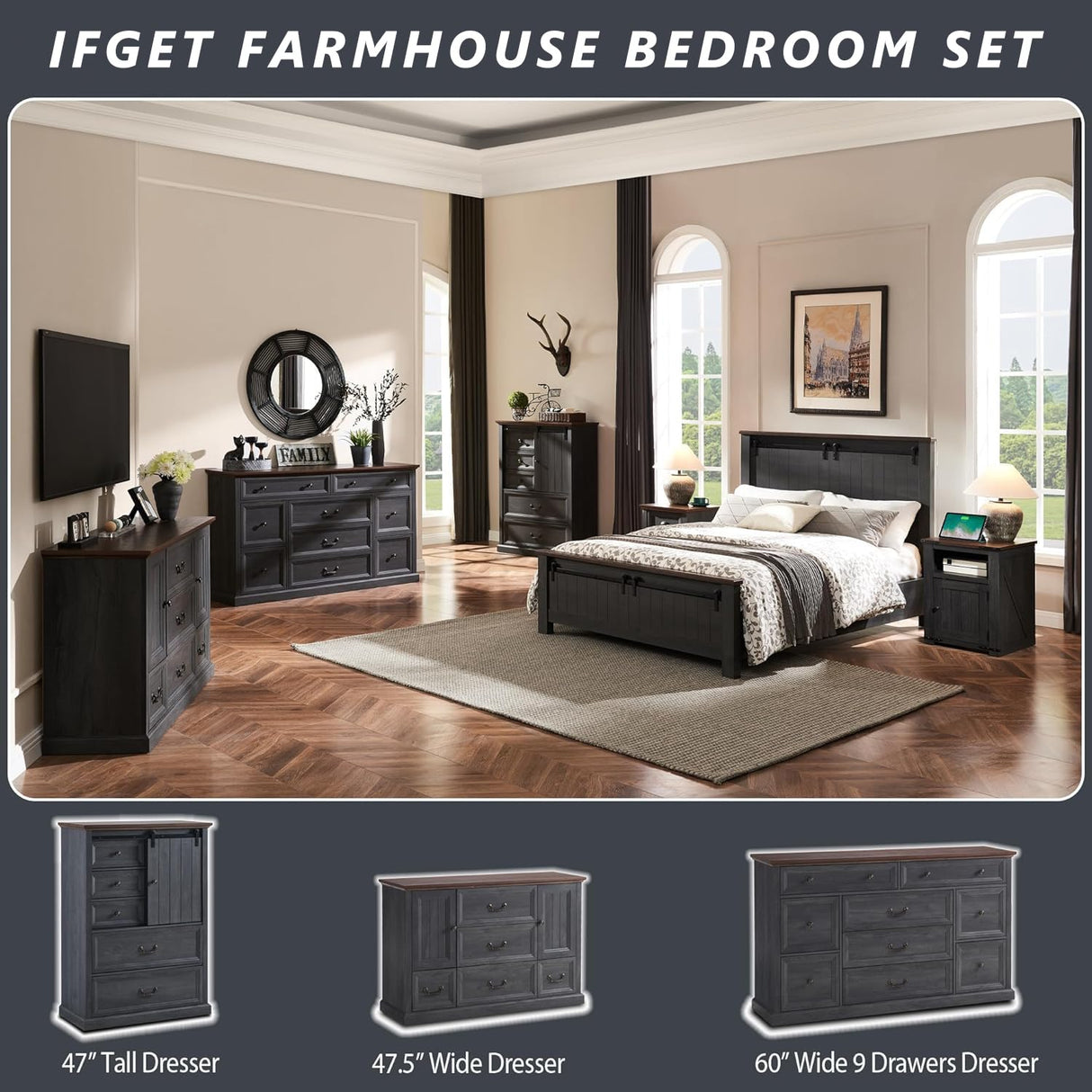 IFGET Farmhouse 9 Drawers Dresser for Bedroom, 60" Wide Wood Rustic Chest of Drawers, Large Storage Dressers Organizer for Bedroom, Living Room, Hallway, Dining Room, Dark Grey IFGET