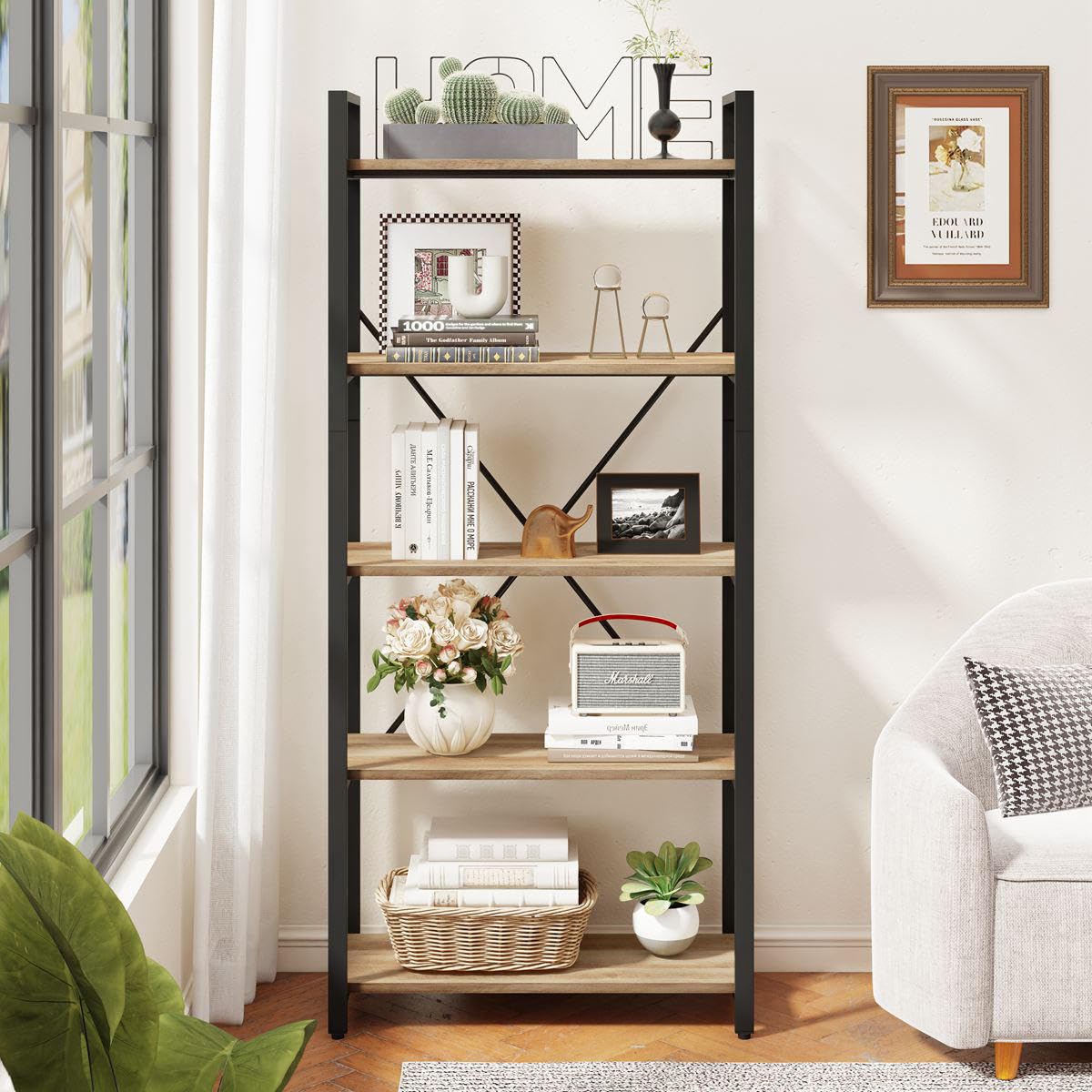FATORRI 5-Tier Rustic Oak Industrial Bookshelf – Stylish Wood and Metal Etagere Bookcase FATORRI