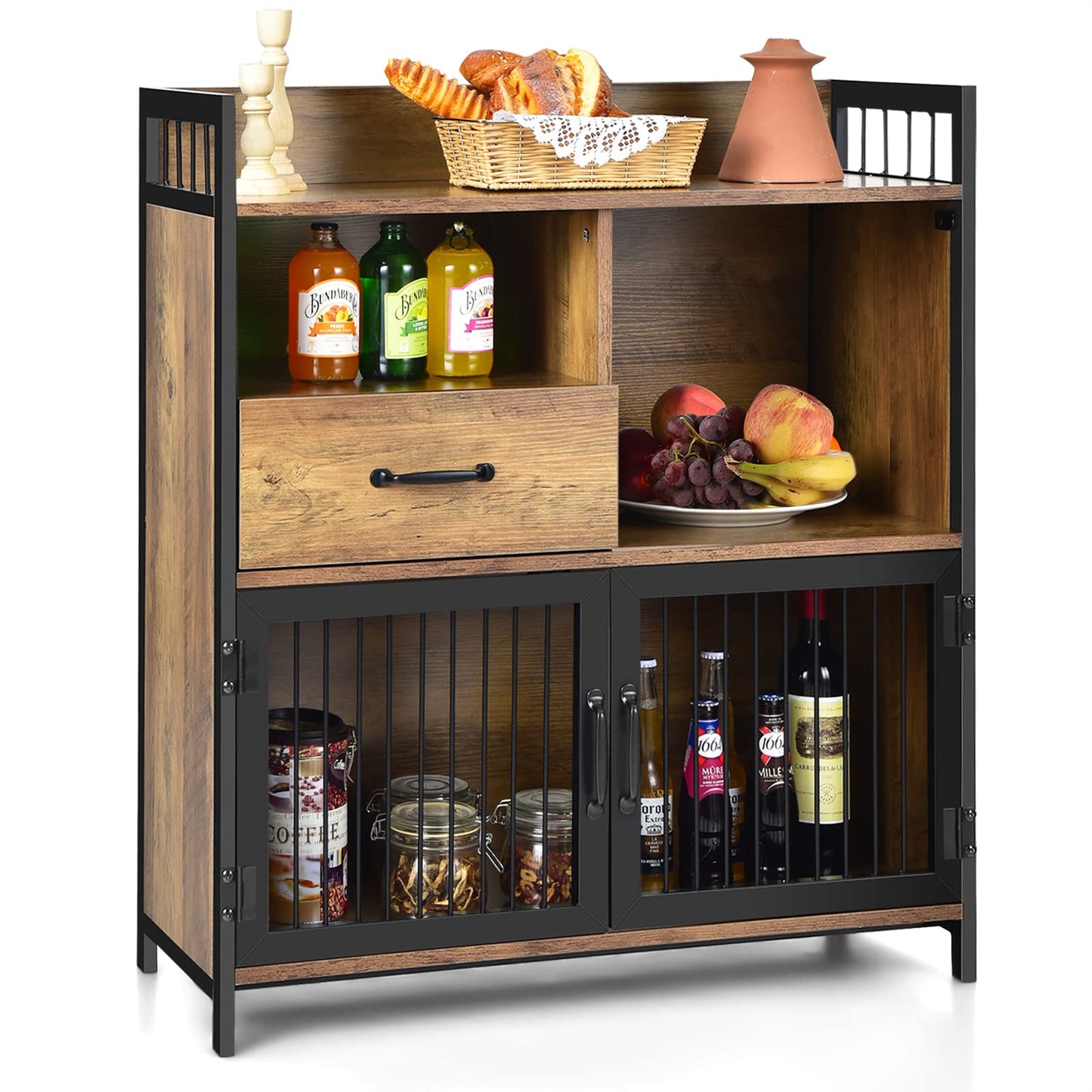 Giantex Buffet Cabinet with Storage, Kitchen Sideboard, 2 Door Storage Cabinet with Drawer, Wood Shelves Metal Frame, Industrial Cupboard Utensil Tableware Organizer