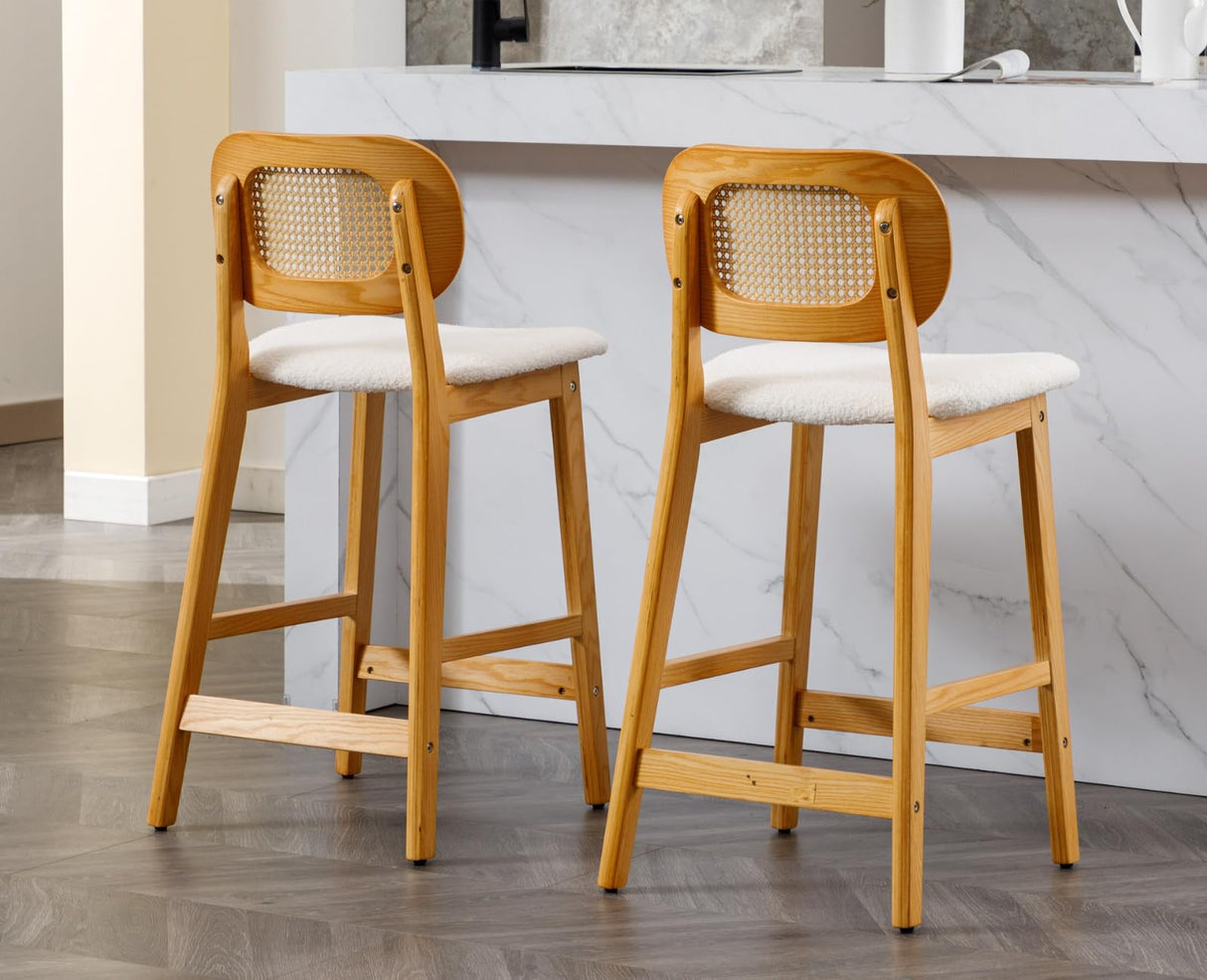 EALSON Counter Height Bar Stools Set of 2 Rattan Back Farmhouse Barstools Mid Century Modern Wood Bar Chairs Comfortable Sherpa Upholstered Kitchen Island Chairs for Pub/Breakfast Bar, Beige EALSON