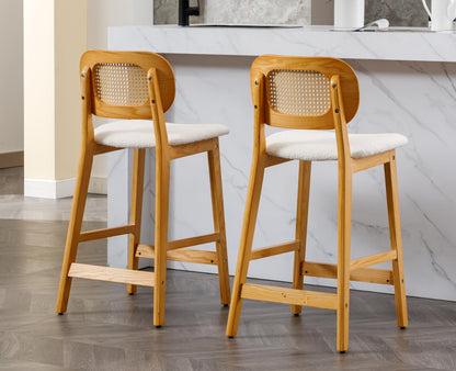 EALSON Counter Height Bar Stools Set of 2 Rattan Back Farmhouse Barstools Mid Century Modern Wood Bar Chairs Comfortable Sherpa Upholstered Kitchen Island Chairs for Pub/Breakfast Bar, Beige