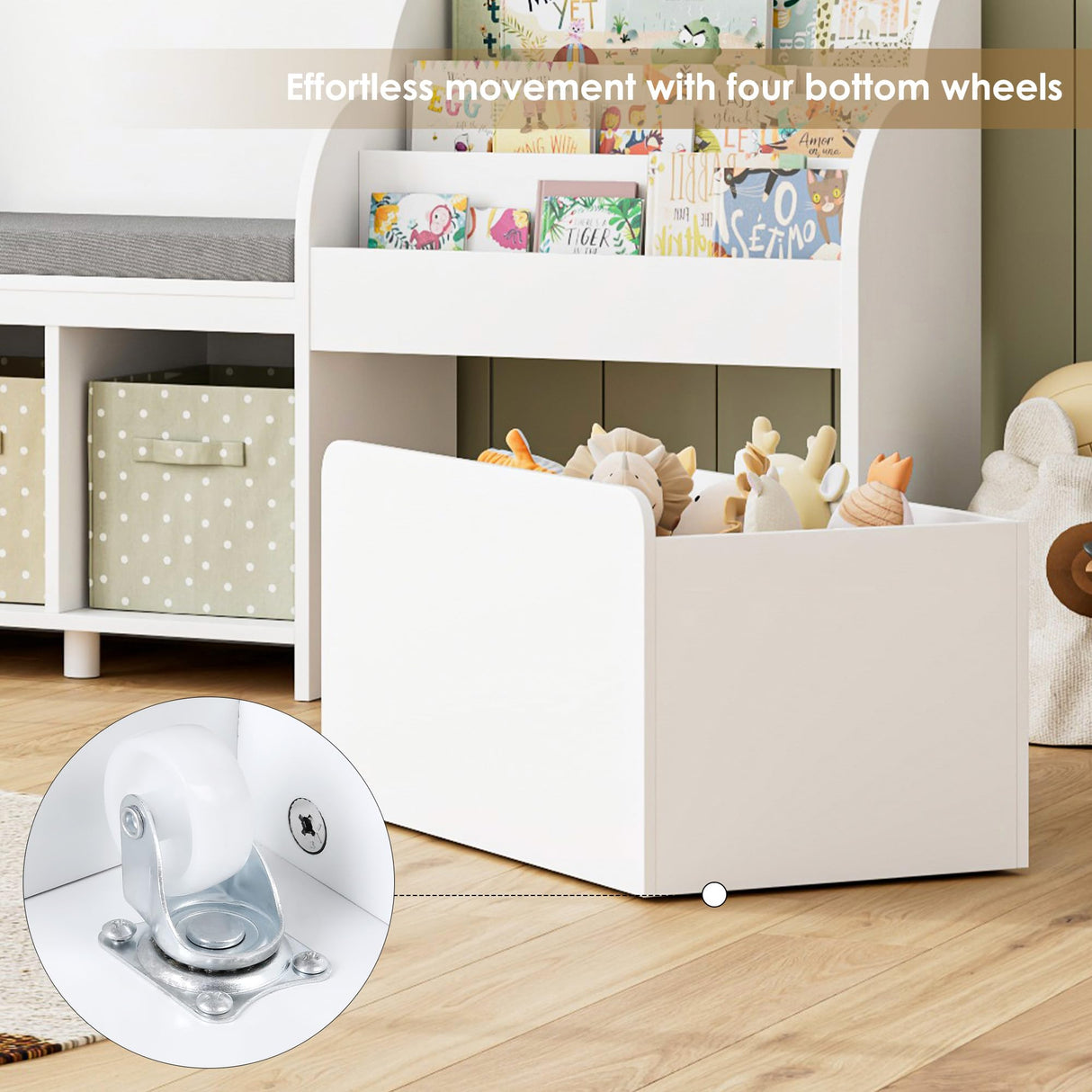 HOSTACK 67" Kids Reading Nook with Bench, Kids Bookshelf and Bookcase with Seat Cushion and 6 Storage Cubbies, Toy Storage Box on Wheels, Toy Chest for Playroom, Bedroom, School, White HOSTACK