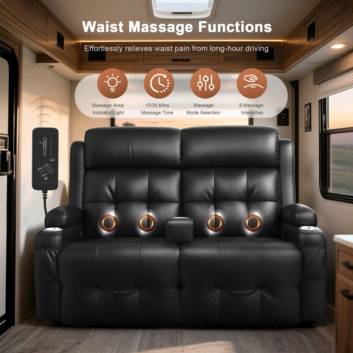 RV Loveseat Recliner Sofa, Oversized Massage Wall Hugger Recliners with Insert Pockets, Cup Holders, Reclining Couch, 150° Adjustable Recline & Padded Armrests, for RV Furniture (Black, Loveseat) Tiooii