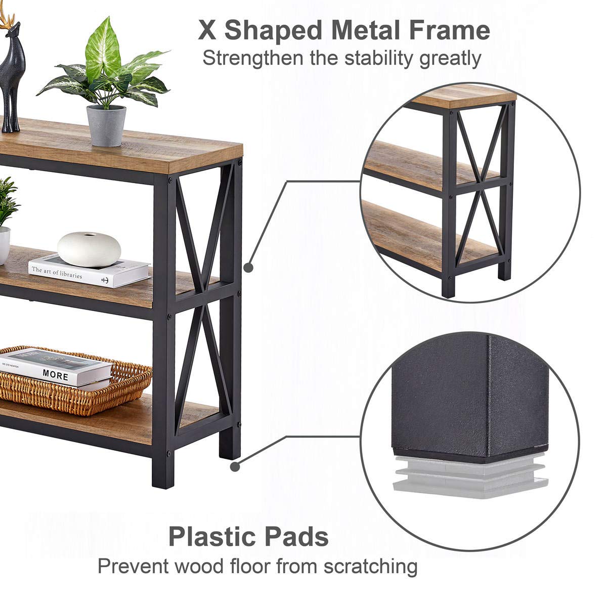 FATORRI Rustic Oak Industrial Console Table with 3-Tier Shelves for Entryway and Living Room FATORRI