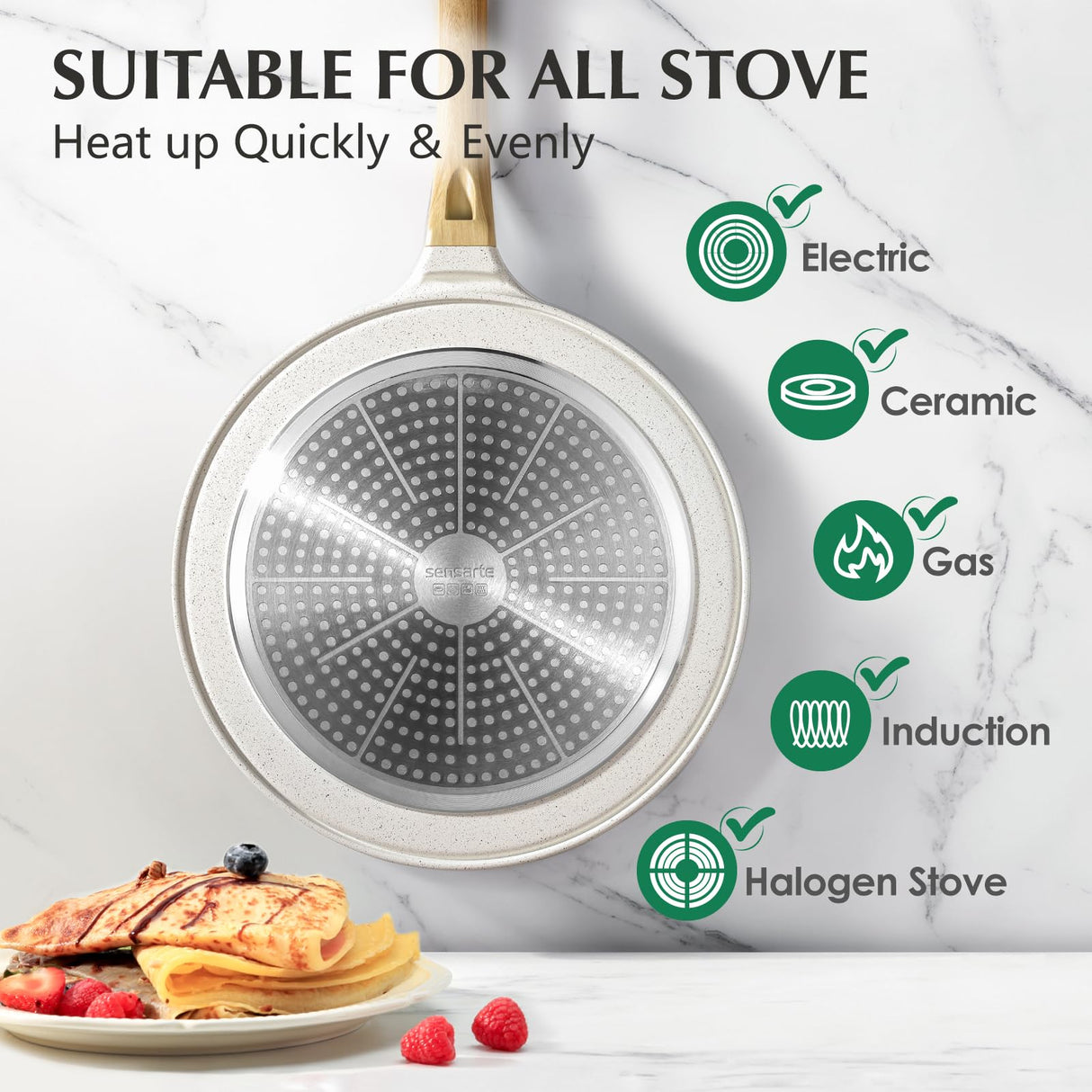 SENSARTE Nonstick Crepe Pan with Spreader, 10-Inch Natural Ceramic Coating Dosa Pan Pancake Flat Skillet Tawa Griddle with Stay-Cool Handle, Induction Compatible, PFOA Free (White) SENSARTE