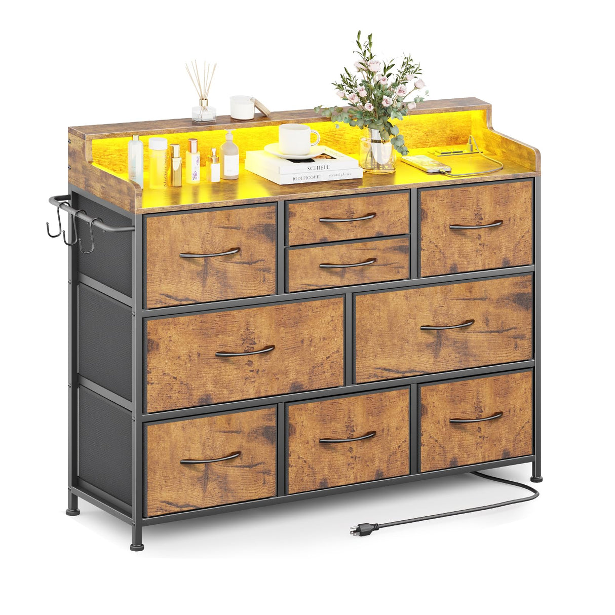 Leadpro Dresser with Charging Station and LED Lights, Dresser for Bedroom TV Stand Dresser with 9 Drawers, Fabric Drawers Storage Dresser Organizer for Living Room, Hallway, Closet (Rustic Brown) Leadpro
