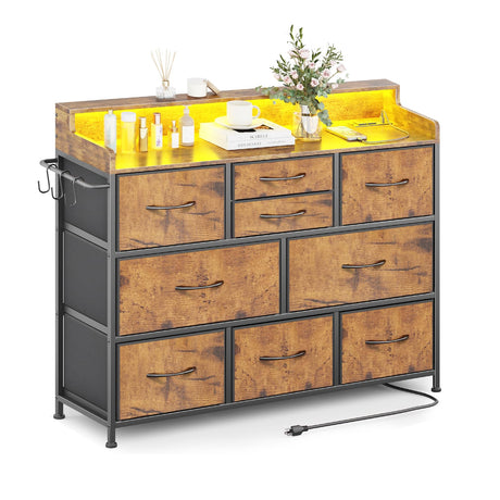 Leadpro Dresser with Charging Station and LED Lights, Dresser for Bedroom TV Stand Dresser with 9 Drawers, Fabric Drawers Storage Dresser Organizer for Living Room, Hallway, Closet (Rustic Brown) Leadpro