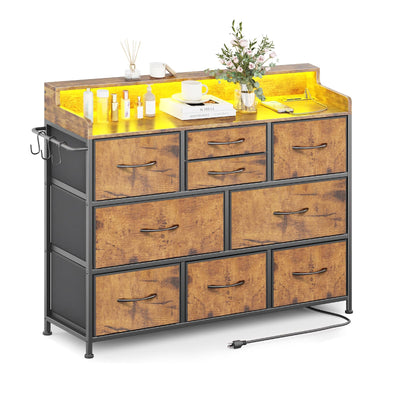 Leadpro Dresser with Charging Station and LED Lights, Dresser for Bedroom TV Stand Dresser with 9 Drawers, Fabric Drawers Storage Dresser Organizer for Living Room, Hallway, Closet (Rustic Brown)