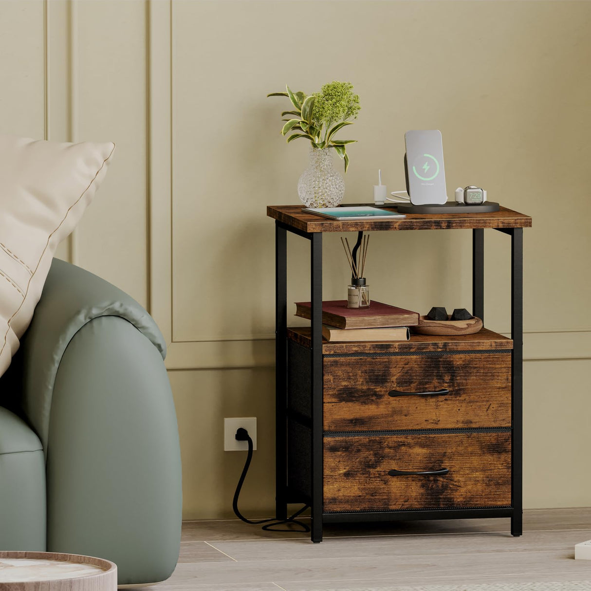 Fixwal Night Stand with Charging Station, Nightstand with Fabric Drawers, Bedside Table with Storage for Bedroom, Rustic Brown Fixwal