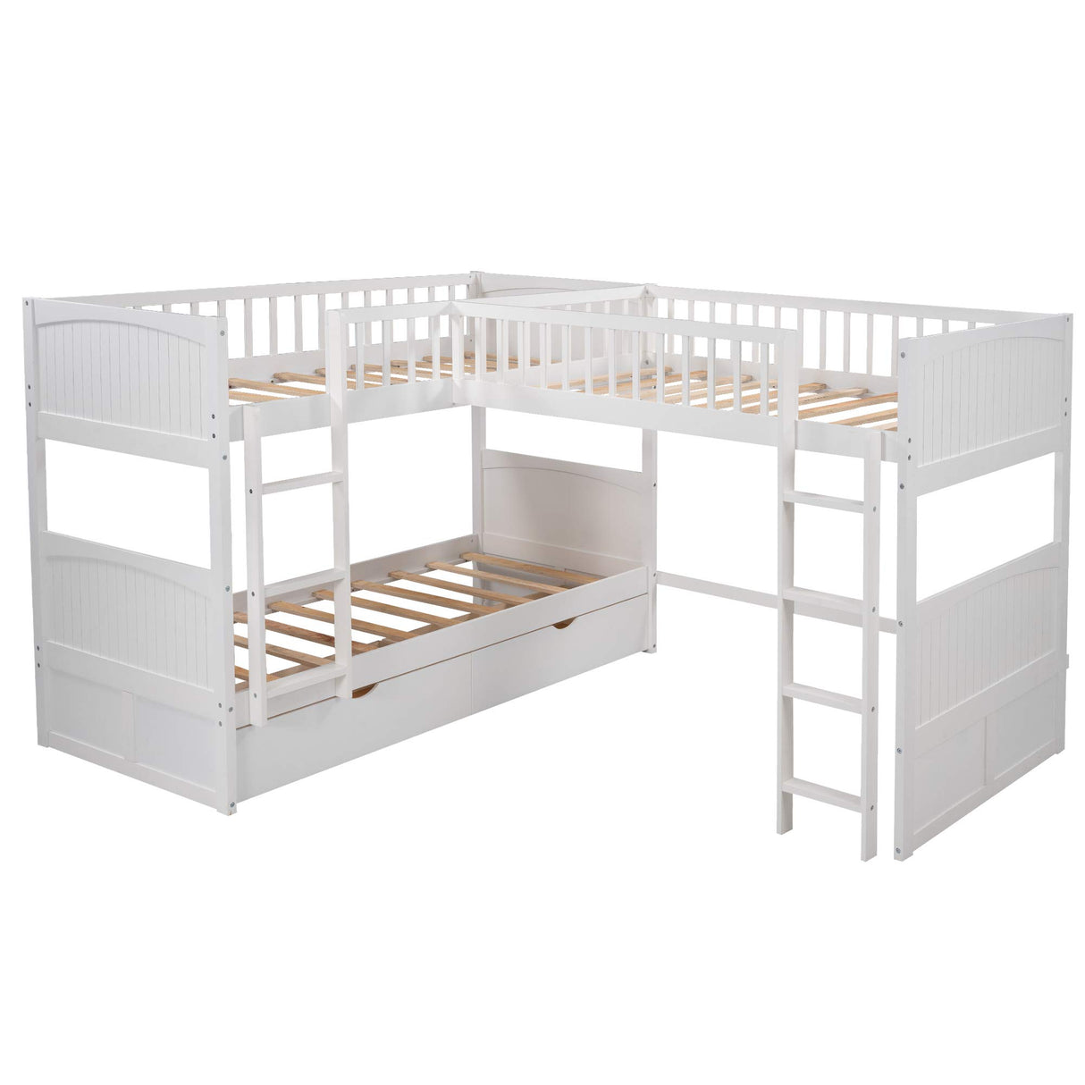 Merax L Shaped Solid Wood Bunk Bed, Twin Over Twin Over Twin Bed with 2 Drawers and 2 Ladders, Twin Size Bunk Bed with a Loft Bed Attached, White Merax