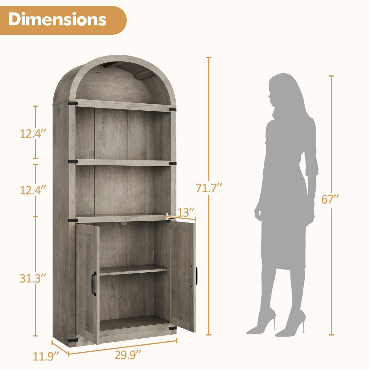 Garveehome Bookcase with Doors Arched Bookshelf 71.65in Tall Bookcase Farmhouse Cabinet with Shelves Wooden Bookshelves for Home Office, Living Room Garveehome