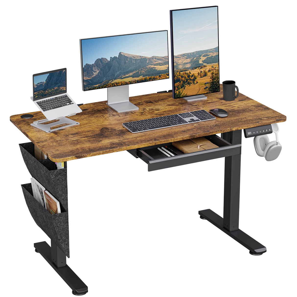 DSNAPE Electric Standing Adjustable Desk with Drawers, 48" x 24" Sit Stand Up Desk Adjustable Height with Side Storage for Home and Office, Rustic Brown DSNAPE