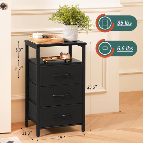 Yoobure Night Stand with Charging Station, 16 Colors LED Nightstand with USB Ports and Outlets, End Table with 3 Fabric Drawers and Storage Shelf, Bedside Tables Small Dresser for Small Space Black Yoobure