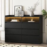 GOSROMS Dresser for Bedroom, Black Bedroom Dresser with LED Lights and Power Strip, 6 Long Drawers Dresser, Tall Wide Chest of Drawers Storage Organizer for Bedroom, Living Room, Entryway GOSROMS