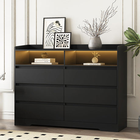 GOSROMS Dresser for Bedroom, Black Bedroom Dresser with LED Lights and Power Strip, 6 Long Drawers Dresser, Tall Wide Chest of Drawers Storage Organizer for Bedroom, Living Room, Entryway GOSROMS