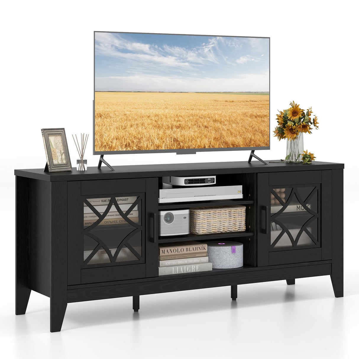 Tangkula Farmhouse TV Stand for TVs Up to 65-in, Classic Media Entertainment Center w/Glass Door Cabinets & 4 Adjustable Shelves, Modern TV Console Table w/ 3 Cable Holes for Living Room (Black) Tangkula
