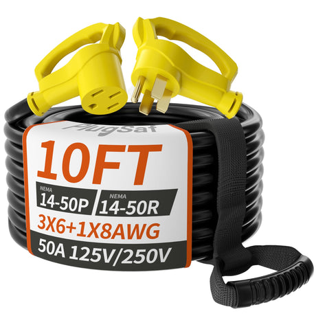 PlugSaf 10 FT 50 Amp RV/EV Extension Cord Outdoor with Grip Handle, 4 Prong Flexible Heavy Duty 6/3+8/1 Gauge STW RV Power Cord Waterproof, NEMA 14-50P to 14-50R, Black-Yellow, ETL Listed PlugSaf
