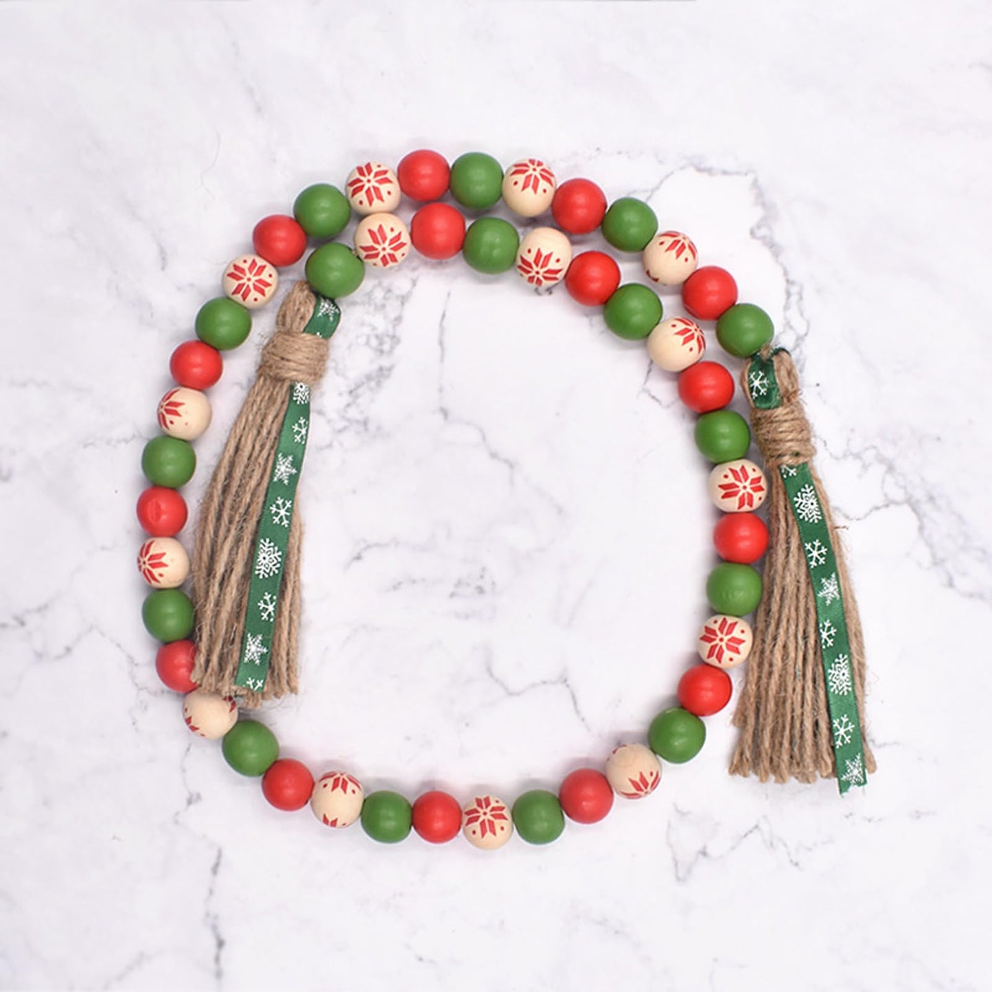 Christmas Wood Bead Garland - Green Red Rustic Wooden Beads with Jute Rope Plaid Tassel Bead Garland for New Year Winter Xmas Tiered Tray Décor Farmhouse Home Kitchen Wall Hanging Decoration