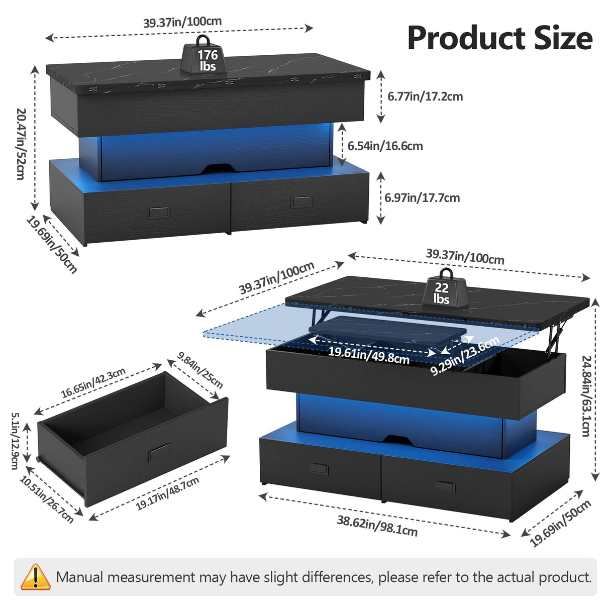 Turosur 40" Lift Top Coffee Table, LED Coffee Tables with Storage and 4 Drawers, Coffee Table with Lifting top for Living Room Home Office Turosur