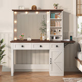 43.7" Farmhouse Vanity Desk with Large Mirror and Hollywood Lights, Makeup Vanity Desk with Charging Station, Adjustable Lighting,3 Drawers with 1 Velvet jewelry box for Bedroom, Dressing Room UPOSOJA