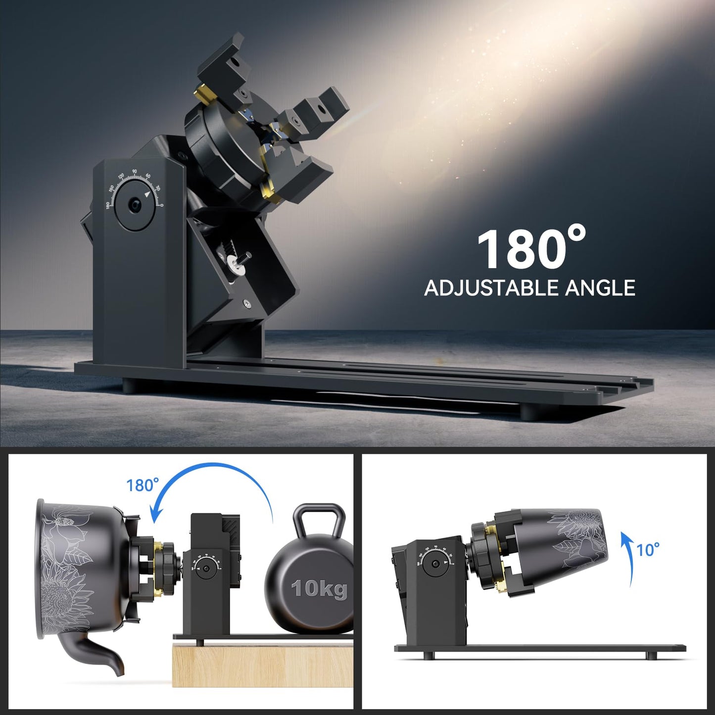 SCULPFUN RA Pro Rotary Chuck for Laser Engraver, 3 in 1 Multi-Function Laser Rotary Module with 180° Adjustable Angle, Y-axis Jaw Chuck Rotary for Engraving Cylindrical Objects,Tumbler, Ring - WoodArtSupply