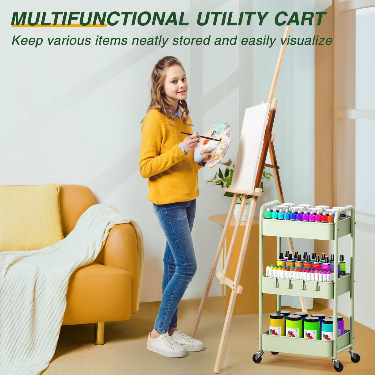 LEHOM 3 Tier Rolling Storage Cart, Metal Trolley Utility Cart with Wheels & Hooks, Easy Assembly Organizer Storage Cart for Bathroom Kitchen Office Bedroom (Green) LEHOM