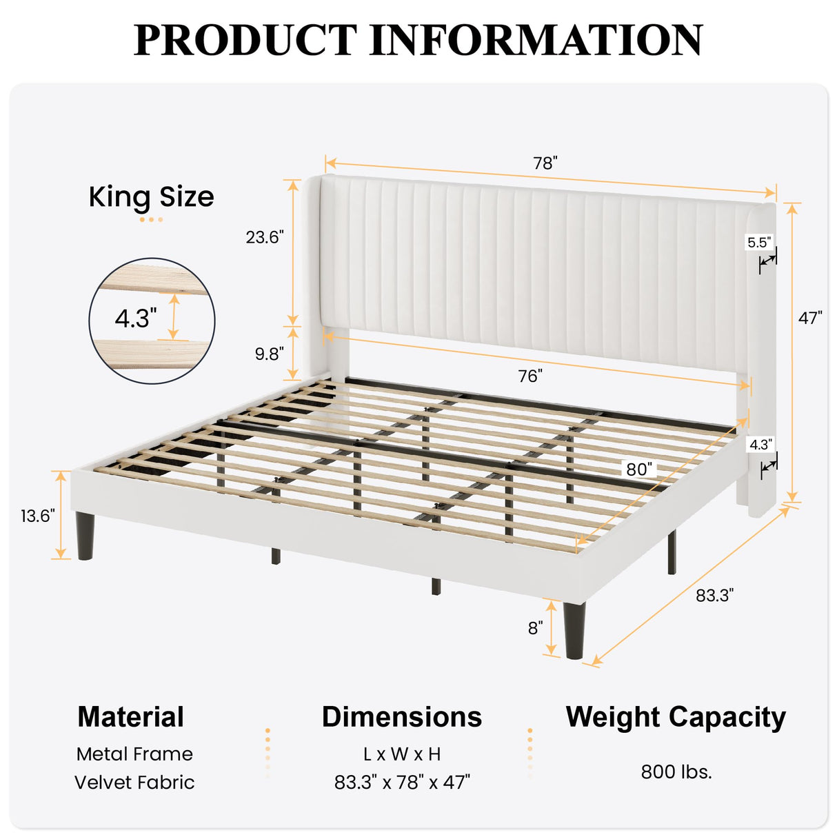 SHA CERLIN King Size Velvet Bed Frame with Vertical Channel Tufted Wingback Headboard, Upholstered Platform Bed with Wood Slats, No Box Spring Needed, Easy Assembly, White SHA CERLIN