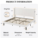 SHA CERLIN King Size Velvet Bed Frame with Vertical Channel Tufted Wingback Headboard, Upholstered Platform Bed with Wood Slats, No Box Spring Needed, Easy Assembly, White SHA CERLIN