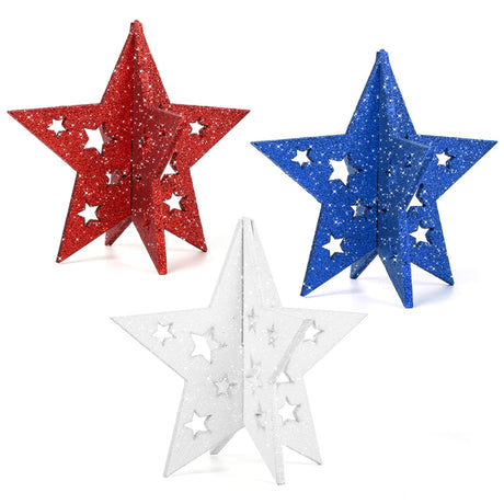 COCHIE 6 Inch Labor Day Decorations Wooden Stars Set, 3D Glitter Star Memorial Day Tiered Tray Decor, 4th of July Red White Blue Patriotic Decoration for Home Table Desk Door Shelf (Cutout, Set of 3) COCHIE