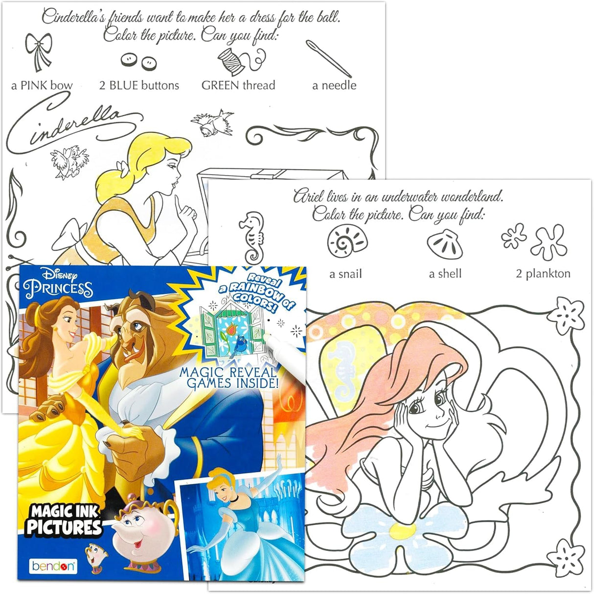 Disney Princess Magic Ink Coloring Book Set - Bundle with 3 Imagine Ink Books for Girls Kids Toddlers Featuring Disney Princess, Moana, and Minnie Mouse with Invisible Ink Pen and Stickers Disney